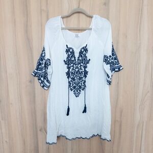 Womens Embroidered Mini‎ Dress Tunic Top M White Blue Peasant Boho Coastal Beach